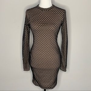 Layered mesh and fishnet mini dress in black